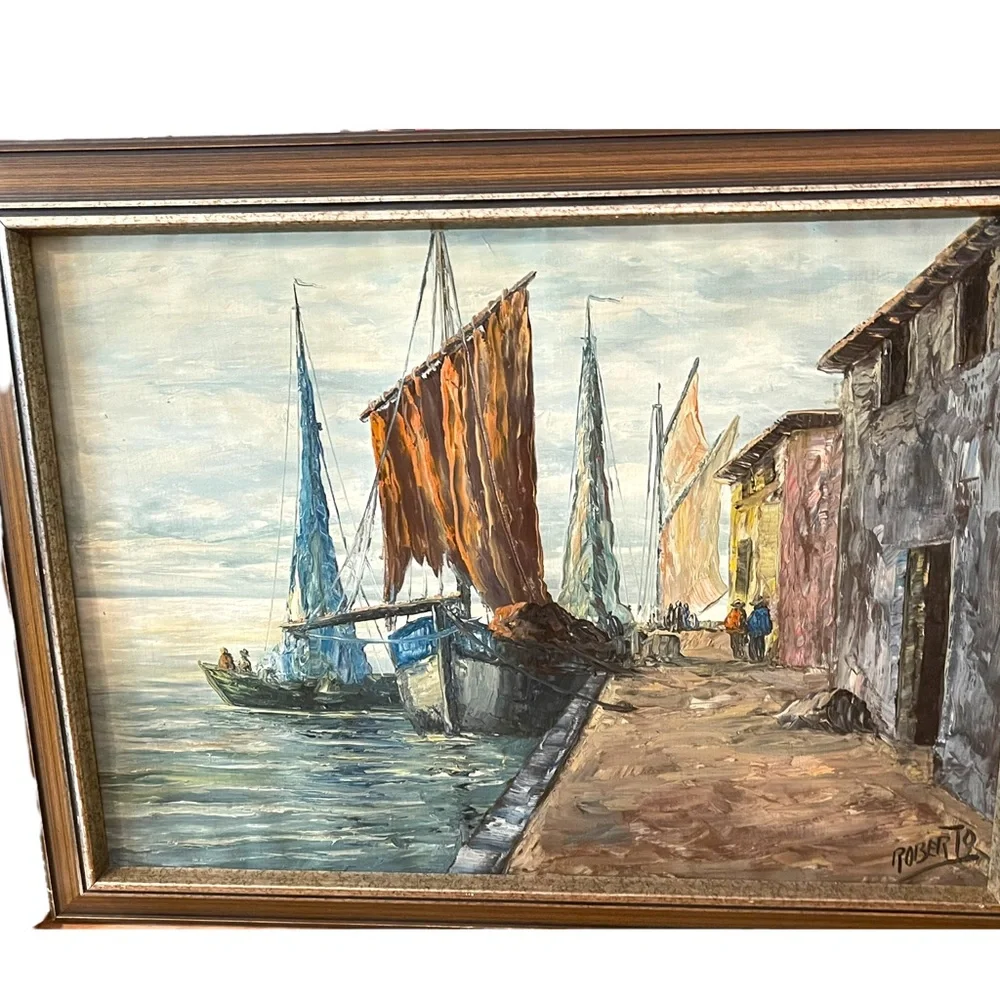 Vintage Nautical Oil Painting on Canvas Signed ROBERTO Sail boats Mid Century - Picture 9 of 12